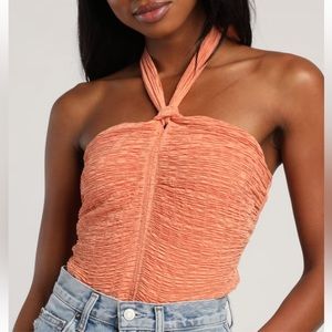 Lulus Chic Your Truth Light Orange Smocked Knotted Halter Bodysuit